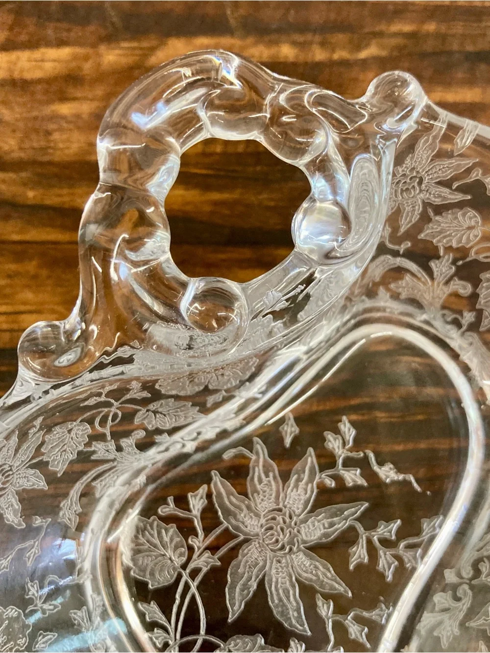 Clear Glass Wildflower Etched Glass Relish Dish Cottage Core 2 Section